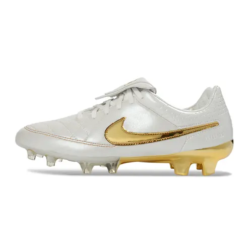 Chuteira Campo Nike Tiempo R10 Branca e Dourada FG - Ronaldinho