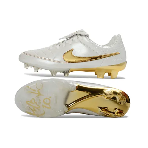 Chuteira Campo Nike Tiempo R10 Branca e Dourada FG - Ronaldinho