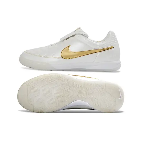Chuteira Futsal Nike Tiempo IC Ronaldinho Branca e Dourada