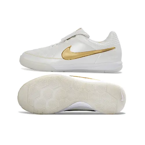 Chuteira Futsal Nike Tiempo IC Ronaldinho Branca e Dourada