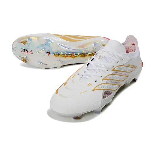 Chuteira Campo Adidas Predator 26 Elite FG Branco, Dourado e Laranja