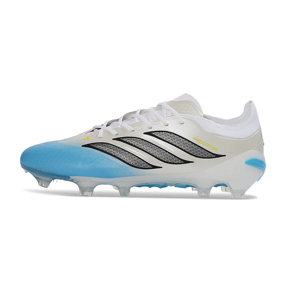 Chuteira Campo Adidas Predator 26 Elite FG Branco, Azul e Amarelo