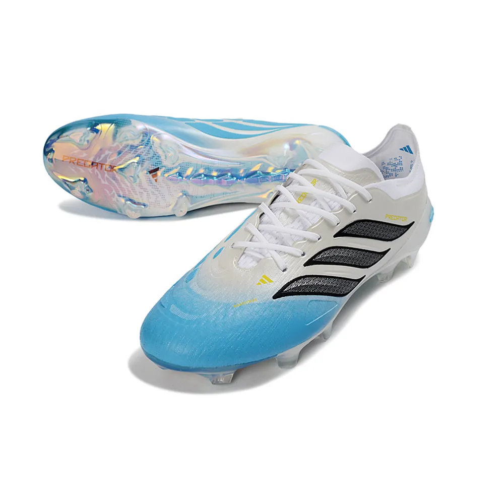 Chuteira Campo Adidas Predator 26 Elite FG Branco, Azul e Amarelo