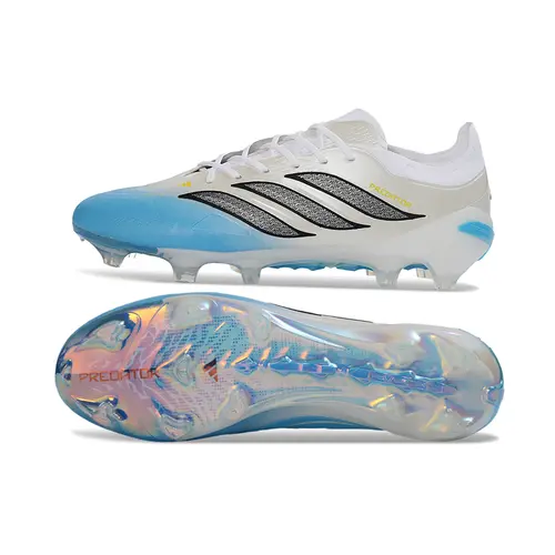 Chuteira Campo Adidas Predator 26 Elite FG Branco, Azul e Amarelo