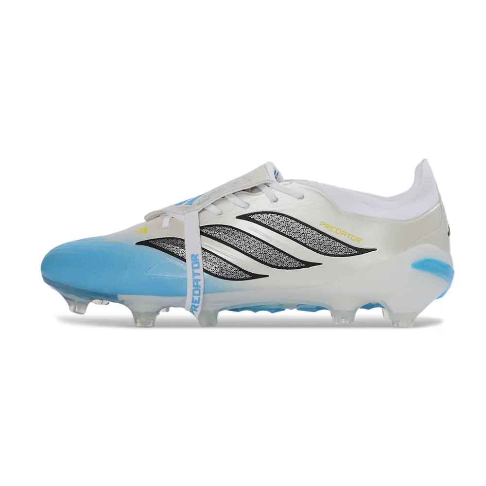 Chuteira Campo Adidas Predator Tongue 26 Elite FG Branco, Azul e Amarelo