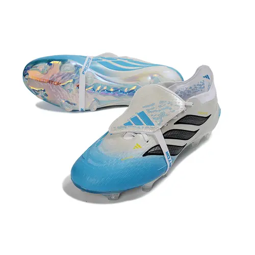 Chuteira Campo Adidas Predator Tongue 26 Elite FG Branco, Azul e Amarelo