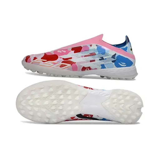 Chuteira Society Adidas F50+ TF Branco, Azul e Rosa - BAPE