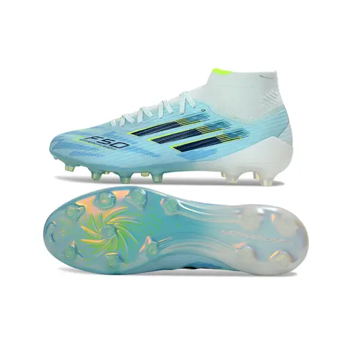 Chuteira Campo Adidas F50 Cano Médio FG Azul Claro e Verde 