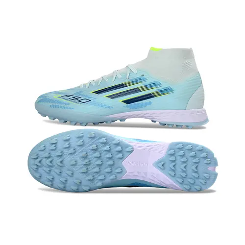 Chuteira Society Adidas F50 Cano Médio TF Azul Claro e Verde 
