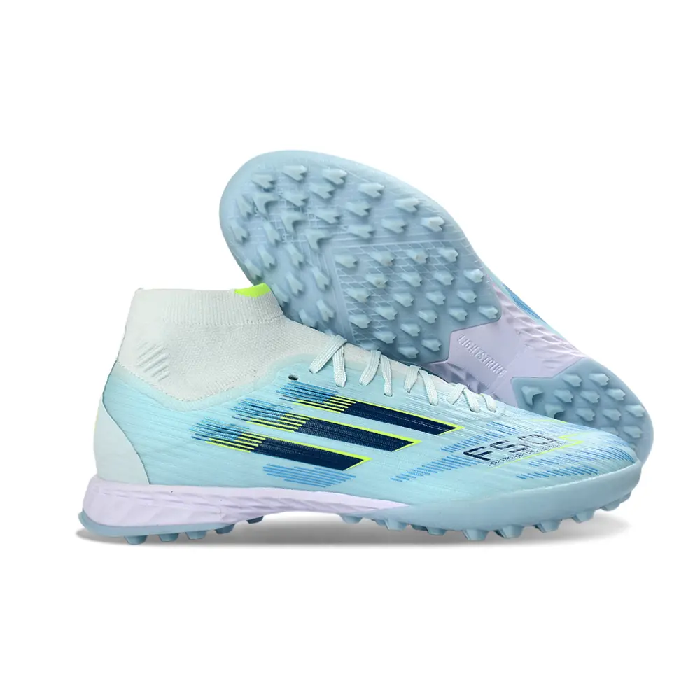 Chuteira Society Adidas F50 Cano Médio TF Azul Claro e Verde 