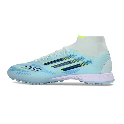 Chuteira Society Adidas F50 Cano Médio TF Azul Claro e Verde 