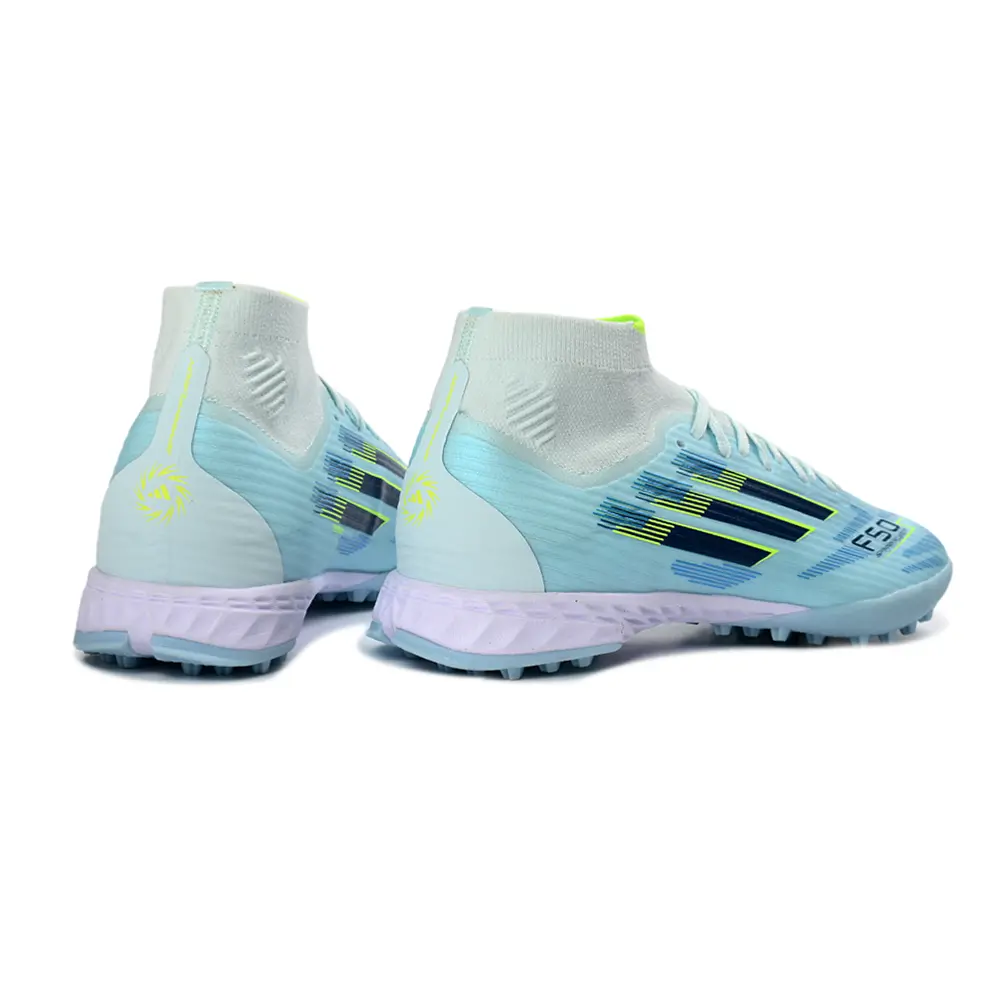 Chuteira Society Adidas F50 Cano Médio TF Azul Claro e Verde 