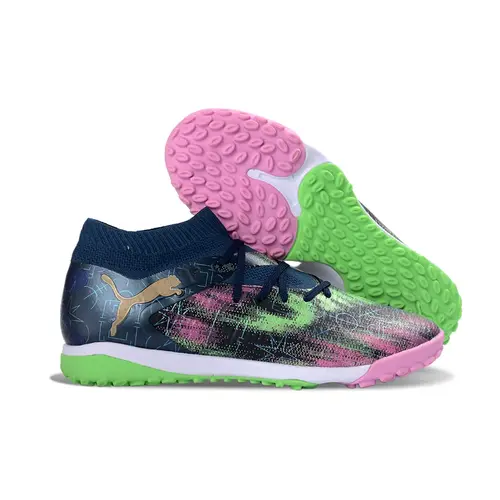 Chuteira Society Puma Future 8 TF Azul Marinho, Rosa e Verde