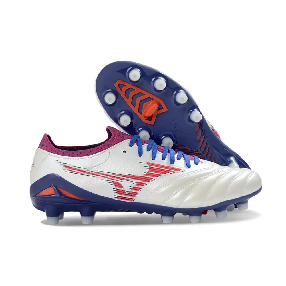Chuteira Campo Mizuno Morelia Neo 4 Beta FG Branco, Azul e Vermelho