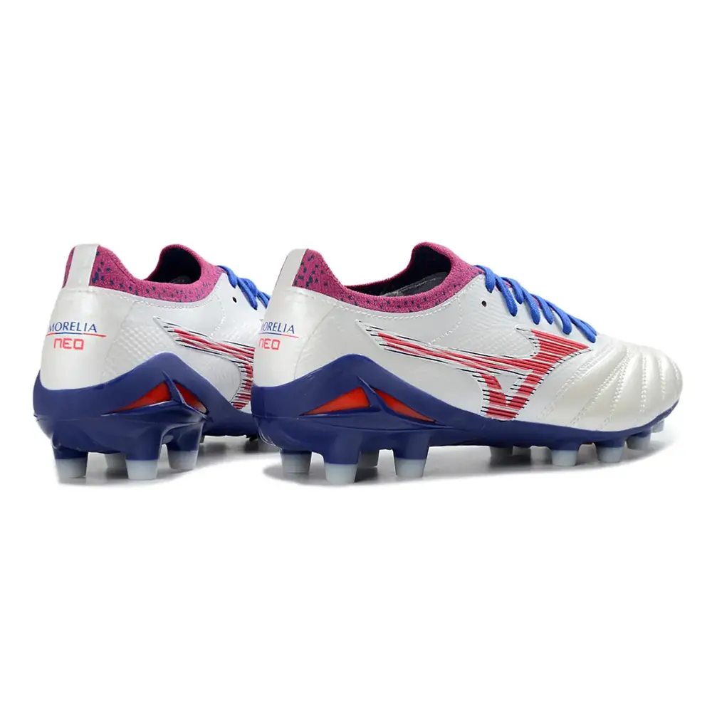 Chuteira Campo Mizuno Morelia Neo 4 Beta FG Branco, Azul e Vermelho