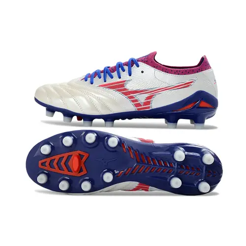 Chuteira Campo Mizuno Morelia Neo 4 Beta FG Branco, Azul e Vermelho