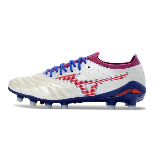 Chuteira Campo Mizuno Morelia Neo 4 Beta FG Branco, Azul e Vermelho