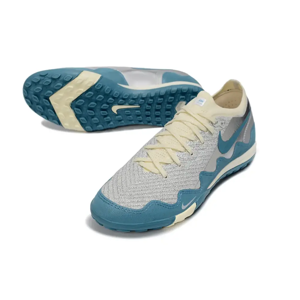 Chuteira Society Nike Air Zoom Mercurial Vapor 16 Elite TF Prata, Bege e Azul 