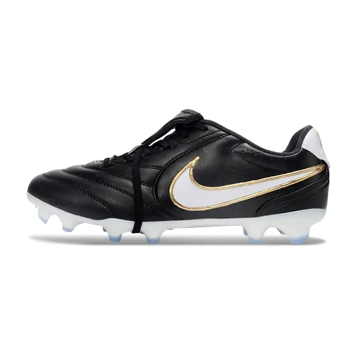 Chuteira Campo Nike Tiempo Ligera Pro FG Preto, Branco e Dourado - Com Língua