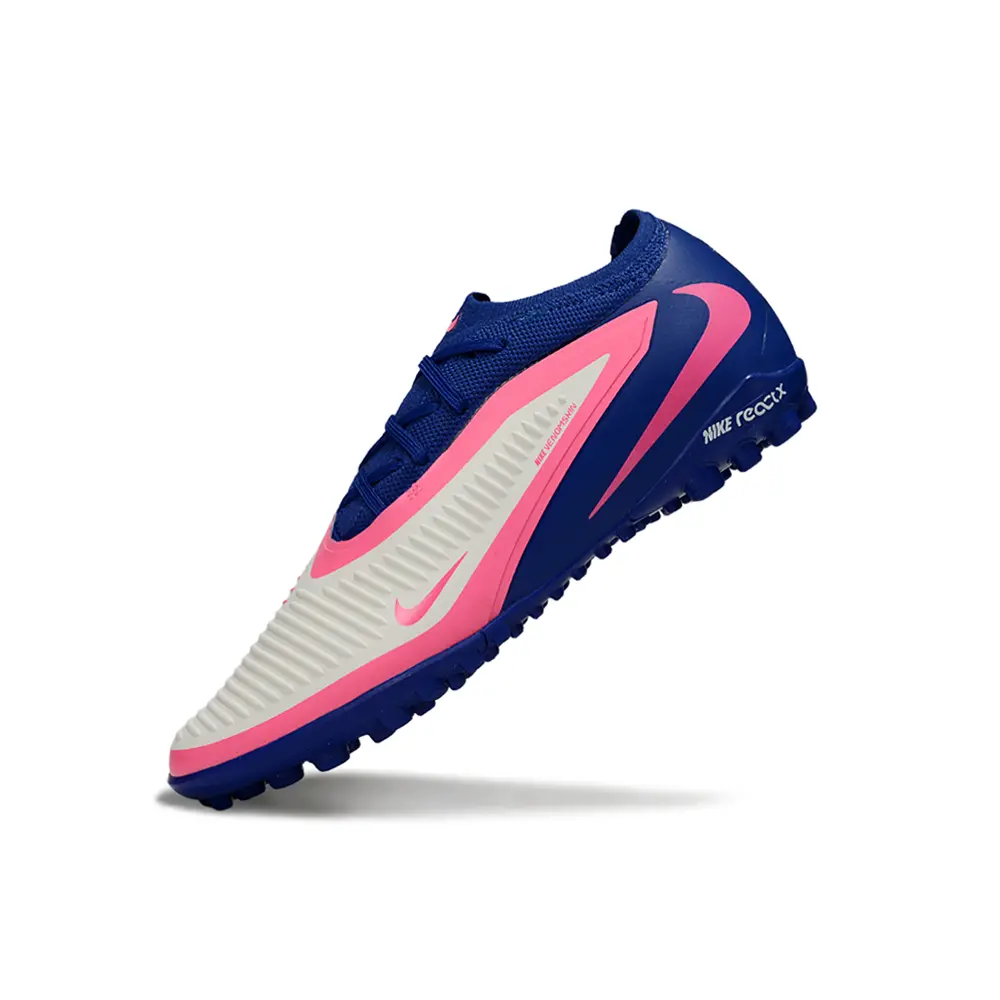 Chuteira Society Nike Phantom ReactX 6 Pro TF Branco, Azul e Rosa