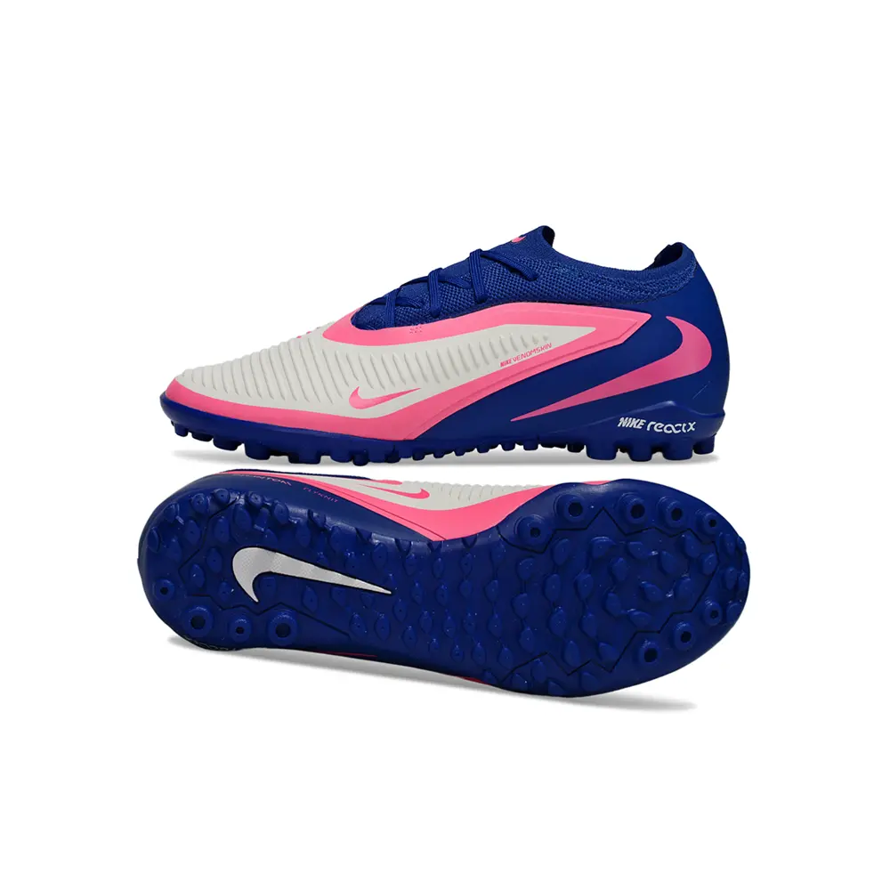 Chuteira Society Nike Phantom ReactX 6 Pro TF Branco, Azul e Rosa