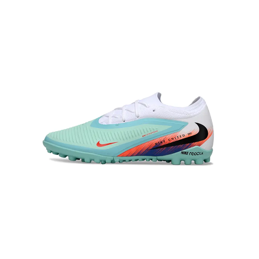 Chuteira Society Nike Phantom ReactX 6 Pro TF Branco, Verde, Azul e Rosa - United Pack