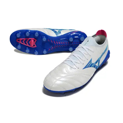 Chuteira Campo Mizuno Morelia Neo 4 Beta FG Branco, Azul e Rosa