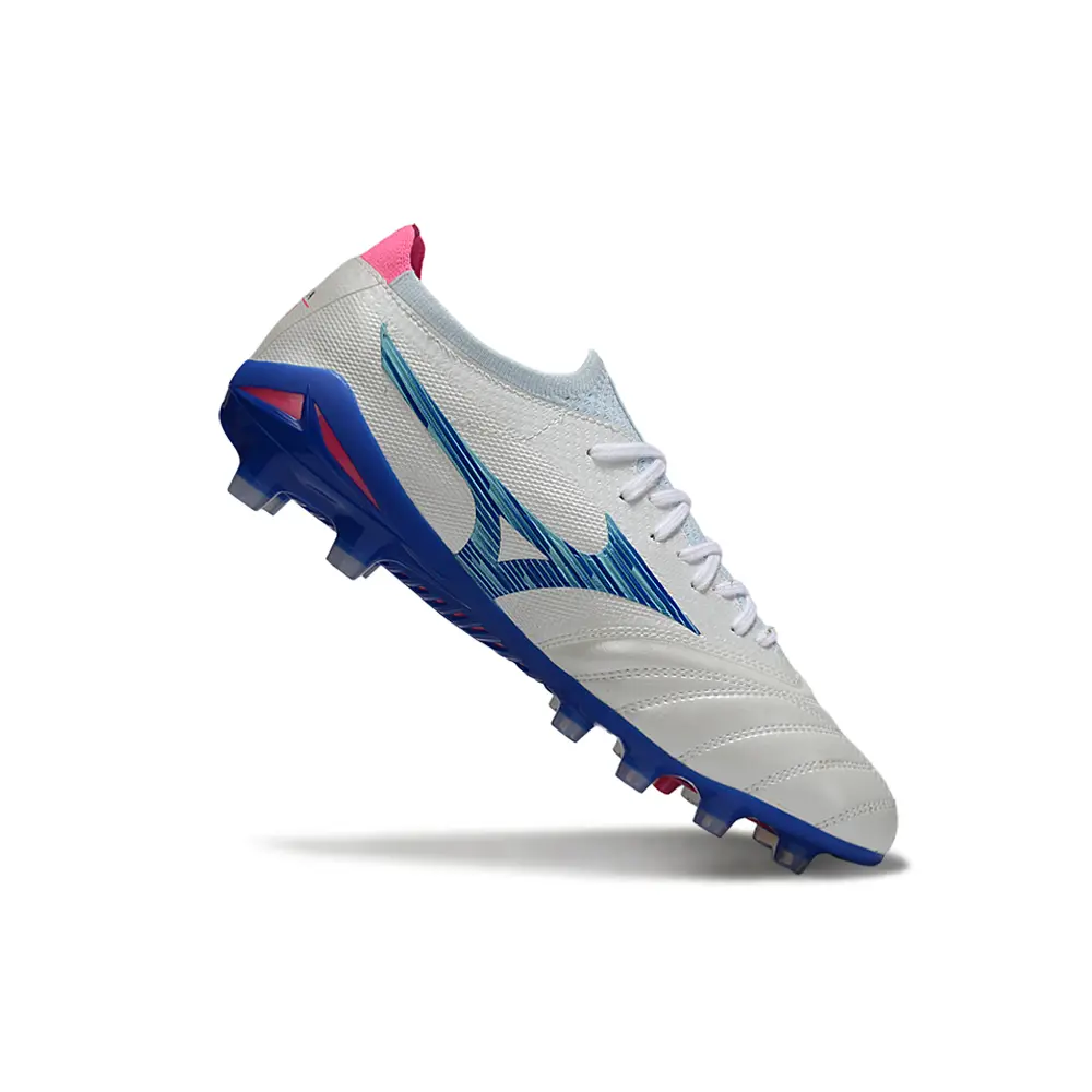 Chuteira Campo Mizuno Morelia Neo 4 Beta FG Branco, Azul e Rosa