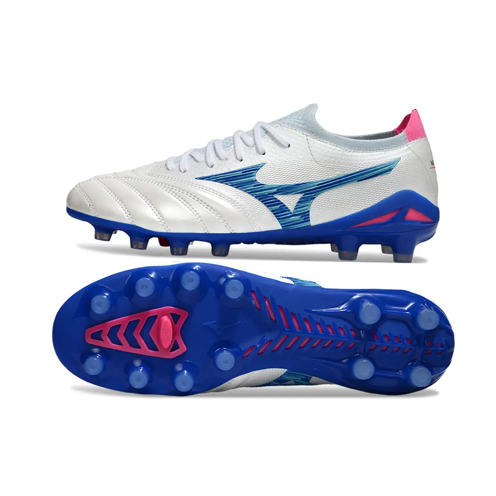 Chuteira Campo Mizuno Morelia Neo 4 Beta FG Branco, Azul e Rosa