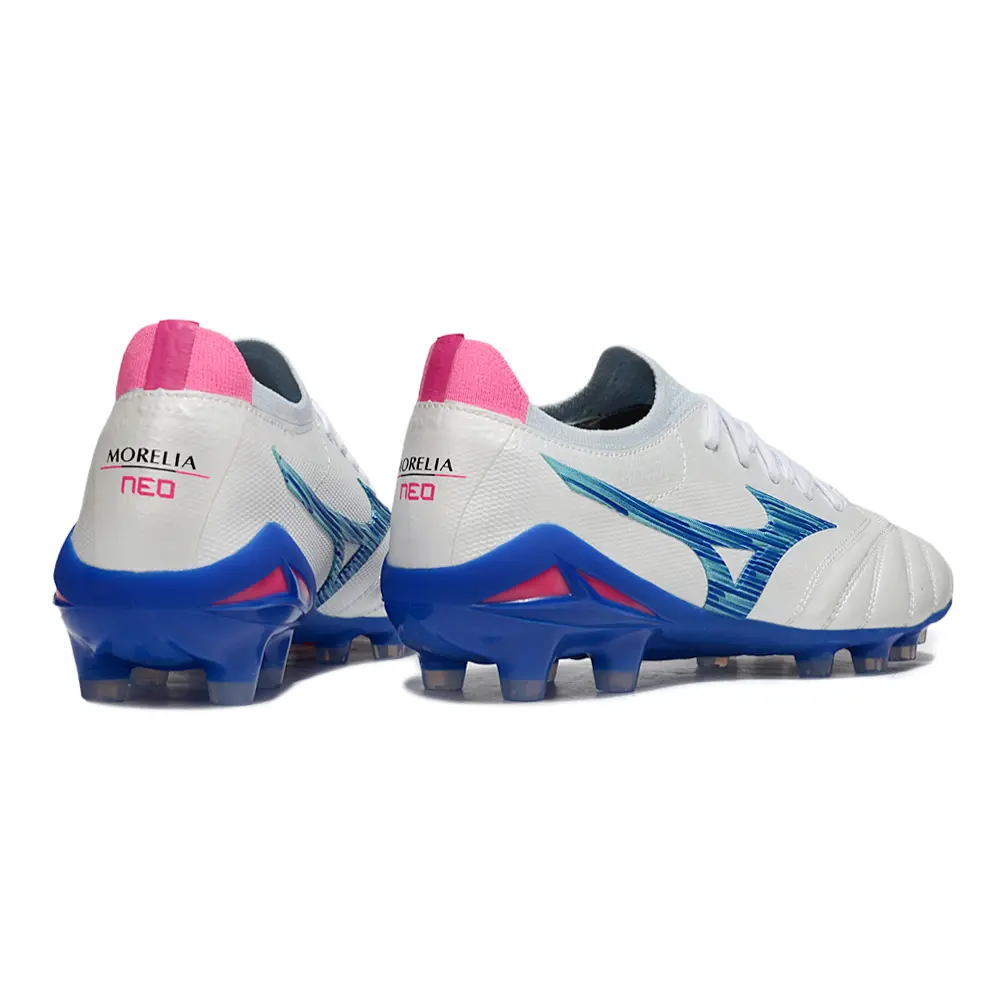 Chuteira Campo Mizuno Morelia Neo 4 Beta FG Branco, Azul e Rosa