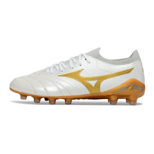 Chuteira Campo Mizuno Morelia Neo 4 Beta FG Branco e Dourado