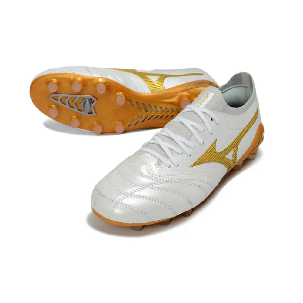 Chuteira Campo Mizuno Morelia Neo 4 Beta FG Branco e Dourado