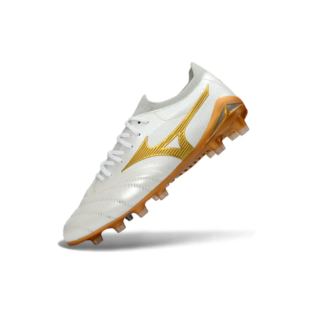 Chuteira Campo Mizuno Morelia Neo 4 Beta FG Branco e Dourado