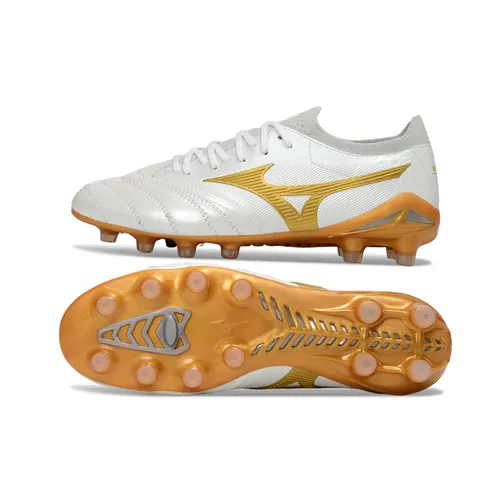 Chuteira Campo Mizuno Morelia Neo 4 Beta FG Branco e Dourado