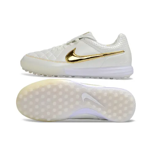 Chuteira Society Nike Tiempo TF Ronaldinho Branca e Dourada