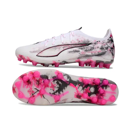 Chuteira Society Puma Ultra 5 Ultimate MG Branco, Rosa e Preto