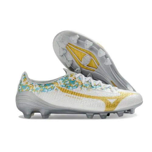 Chuteira Campo Mizuno Alpha III FG Branco, Azul e Dourado - João Félix