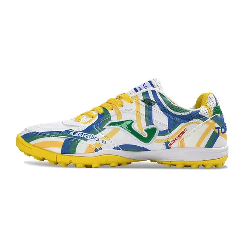 Chuteira Society Joma Top Flex TF Branco, Verde, Amarelo e Azul