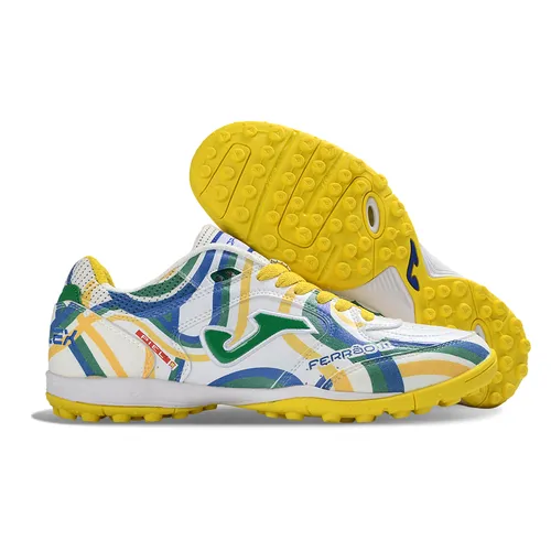Chuteira Society Joma Top Flex TF Branco, Verde, Amarelo e Azul