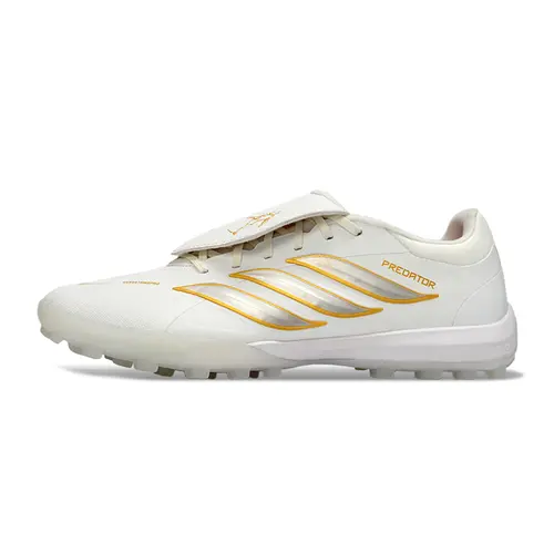 Chuteira Society Adidas Predator Tongue Elite 26 TF Branca e Dourada