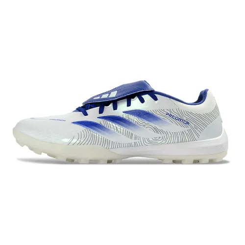 Chuteira Society Adidas Predator Tongue Elite 26 TF Branco e Azul
