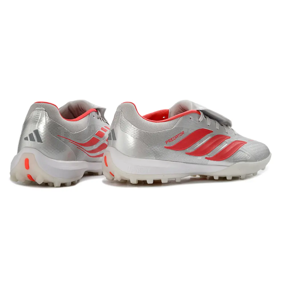 Chuteira Society Adidas Predator Tongue Elite 26 TF Prata e Vermelho