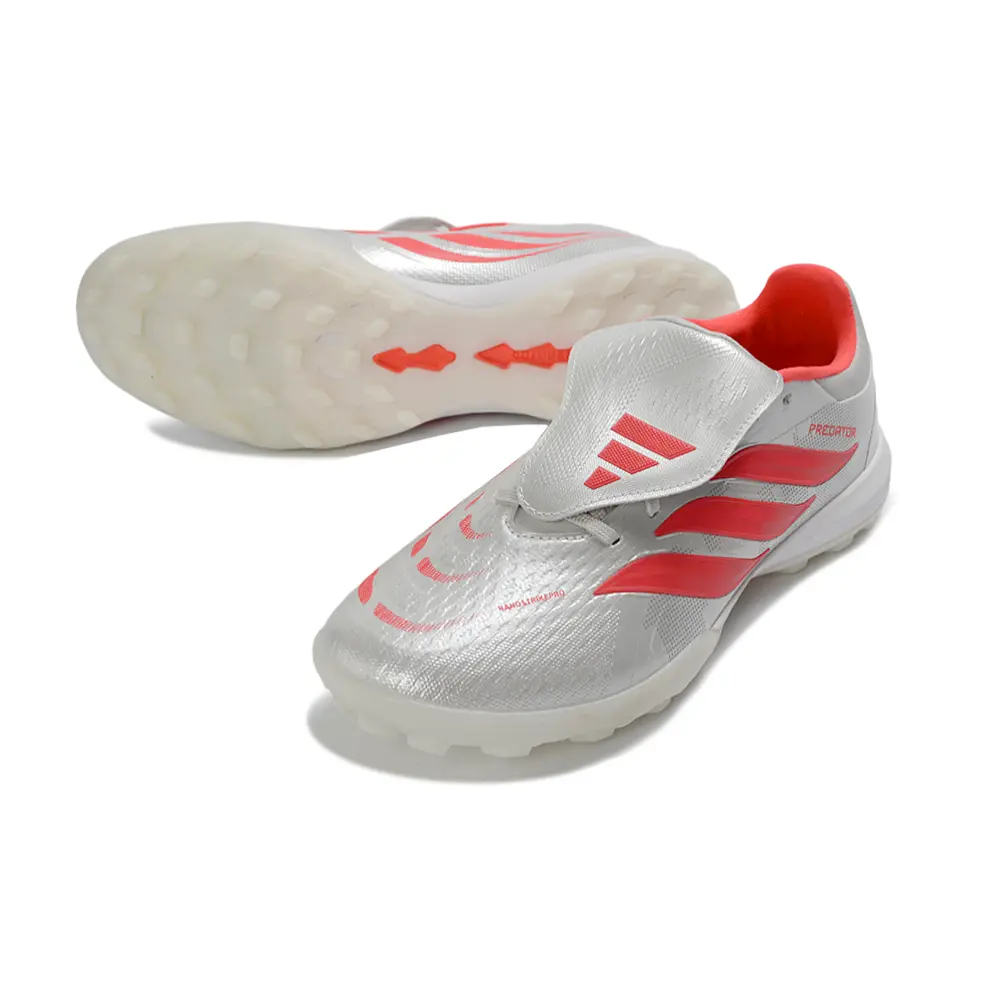 Chuteira Society Adidas Predator Tongue Elite 26 TF Prata e Vermelho