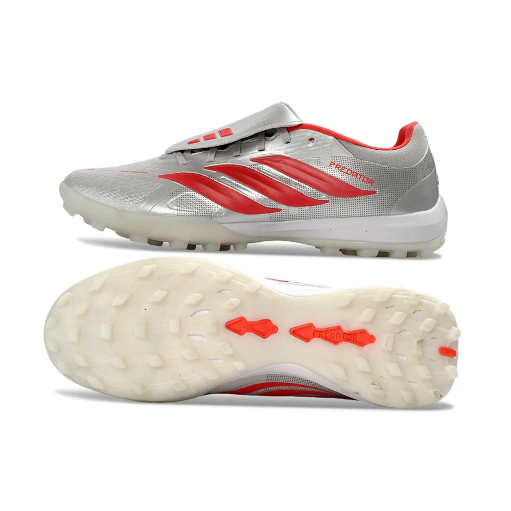 Chuteira Society Adidas Predator Tongue Elite 26 TF Prata e Vermelho