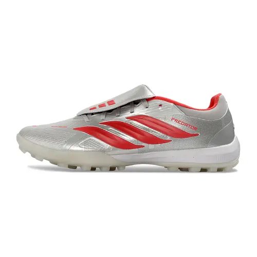 Chuteira Society Adidas Predator Tongue Elite 26 TF Prata e Vermelho