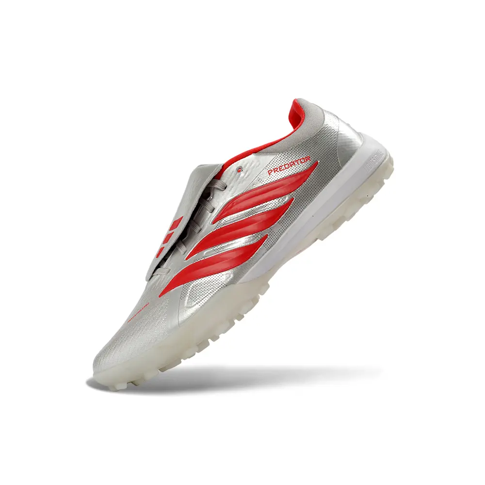 Chuteira Society Adidas Predator Tongue Elite 26 TF Prata e Vermelho