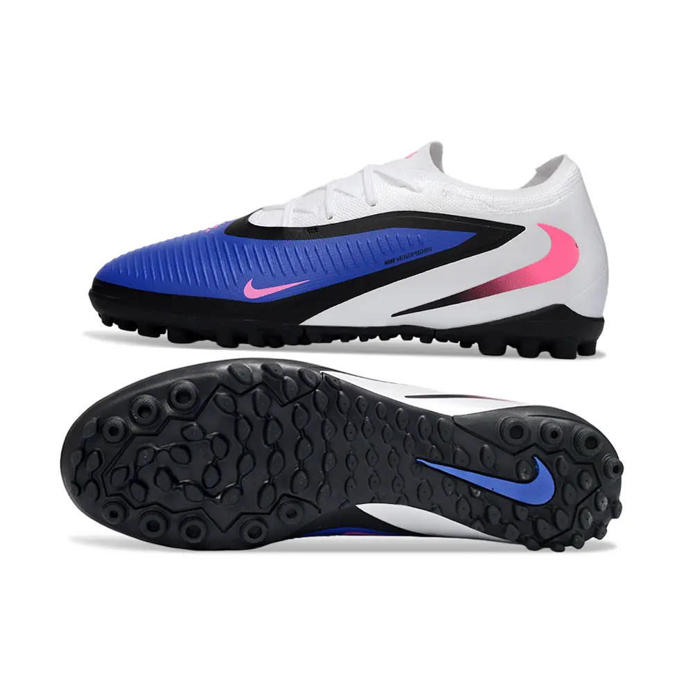 Chuteira Society Nike Phantom ReactX 6 Pro TF Branco, Azul, Preto e Rosa