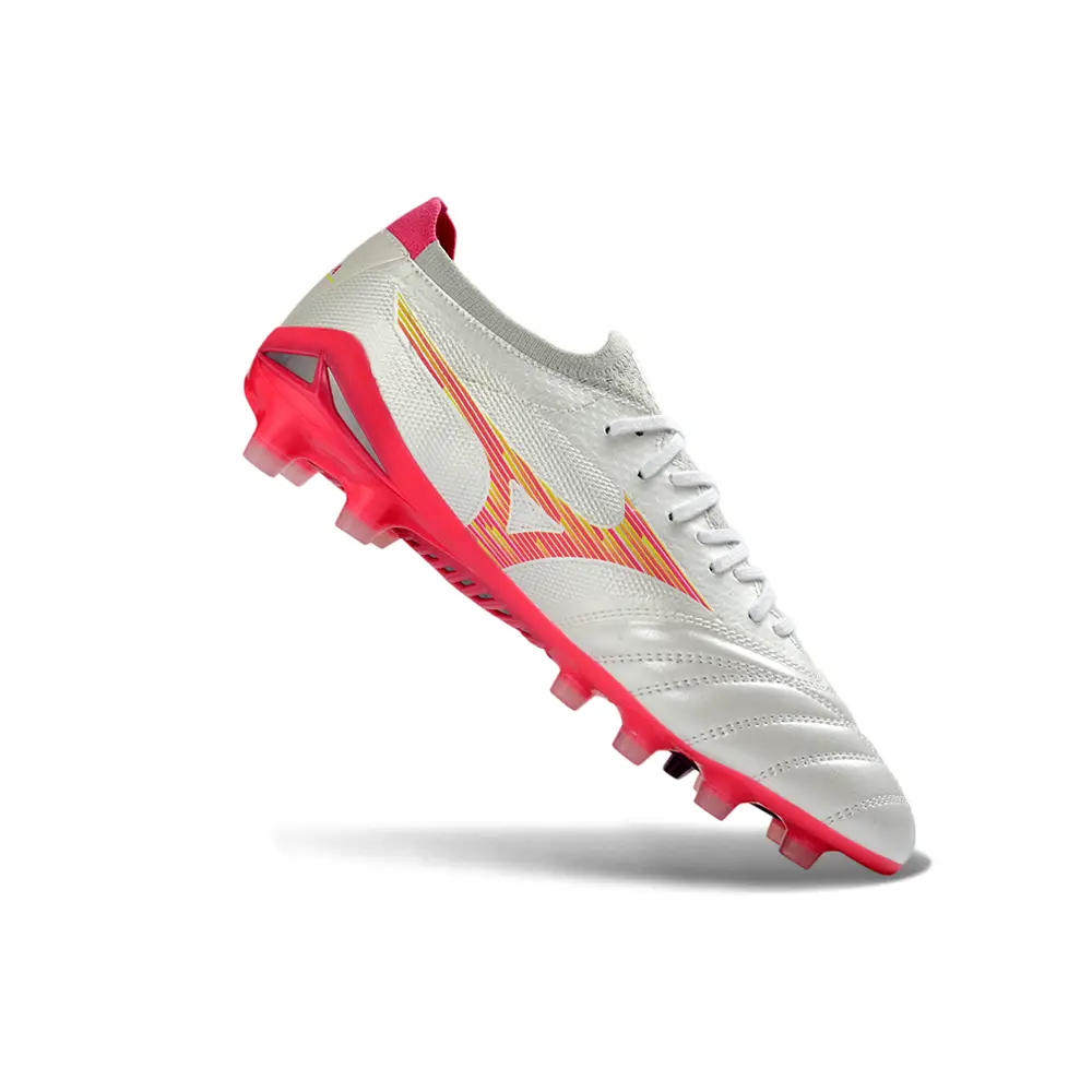 Chuteira Campo Mizuno Morelia Neo 4 Beta FG Branco, Rosa e Amarelo