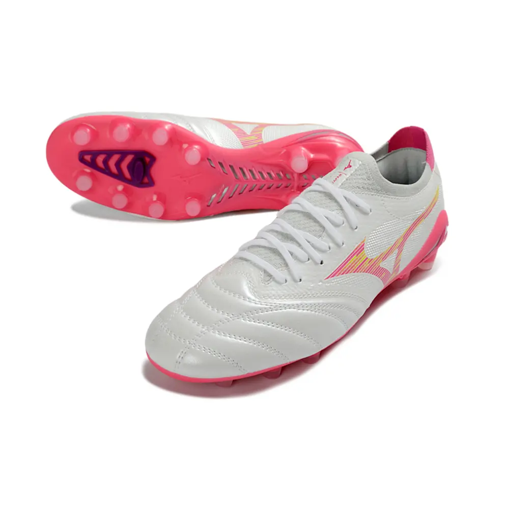 Chuteira Campo Mizuno Morelia Neo 4 Beta FG Branco, Rosa e Amarelo