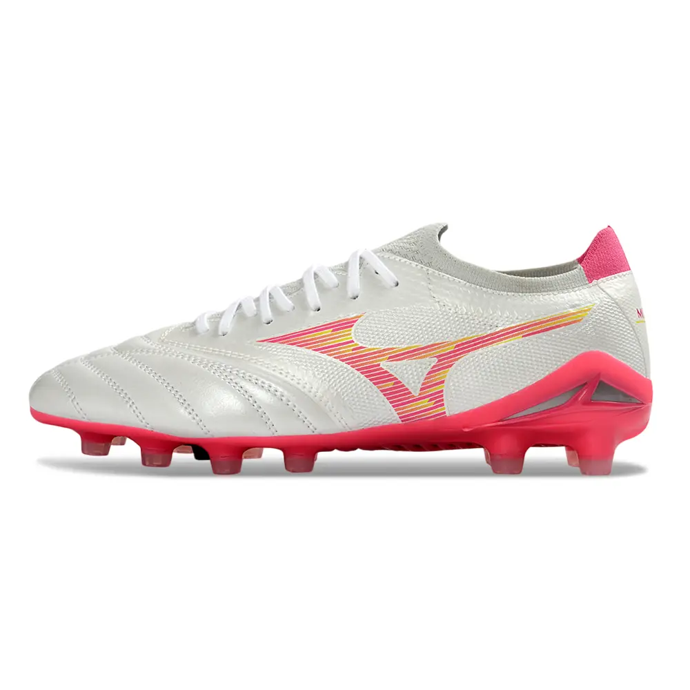 Chuteira Campo Mizuno Morelia Neo 4 Beta FG Branco, Rosa e Amarelo